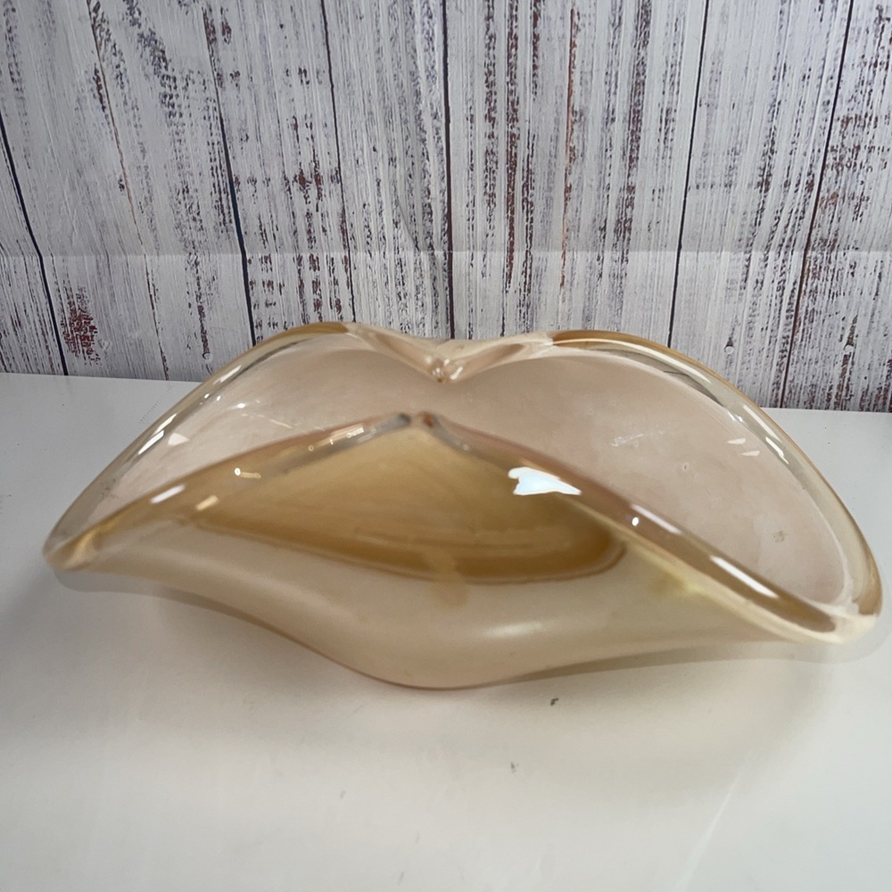 White Cristal Italy Peach Gold Folded Bowl Hand Blown Murano Style Glass 10"